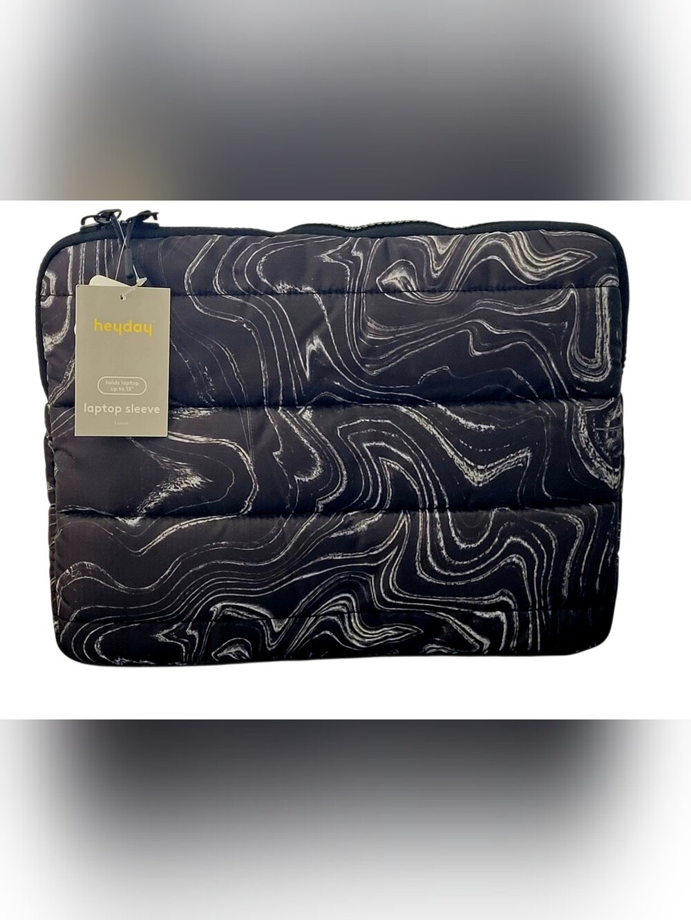Heyday Puffer Laptop Sleeve Black White Marbled Topographic Print Fits 15 Inch.